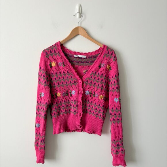 Zara Floral Knit Jacket Cardigan Embroidery Pink Size Medium - Picture 4 of 7